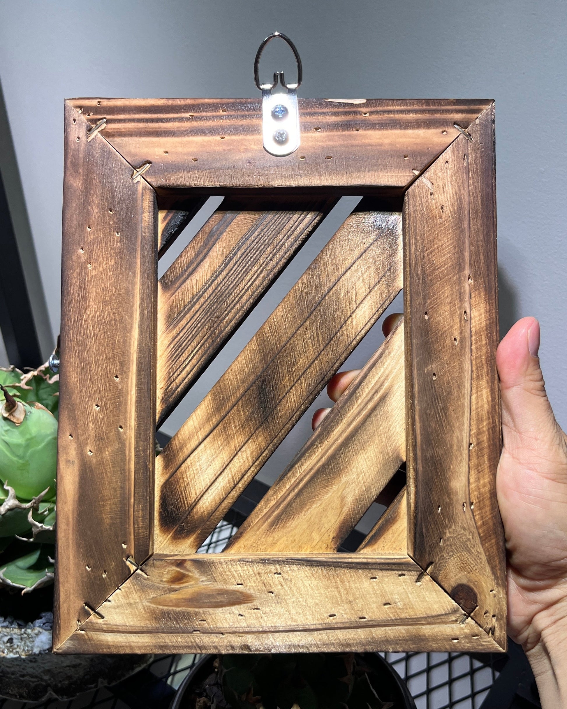 Wooden picture frame held by a hand with plants in the background